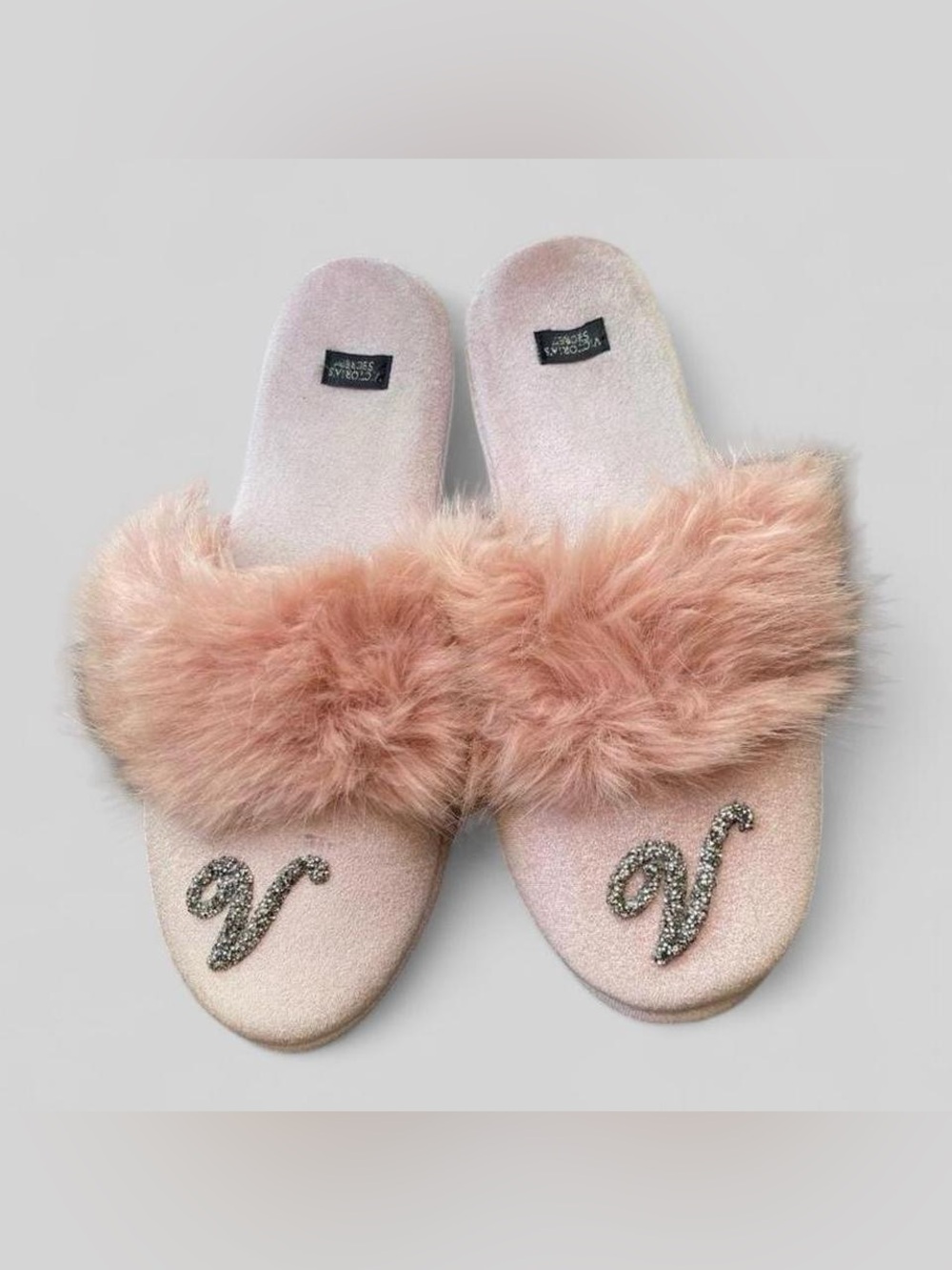 Victoria's Secret Pink Velvet Faux Fur Slippers Glitter Logo